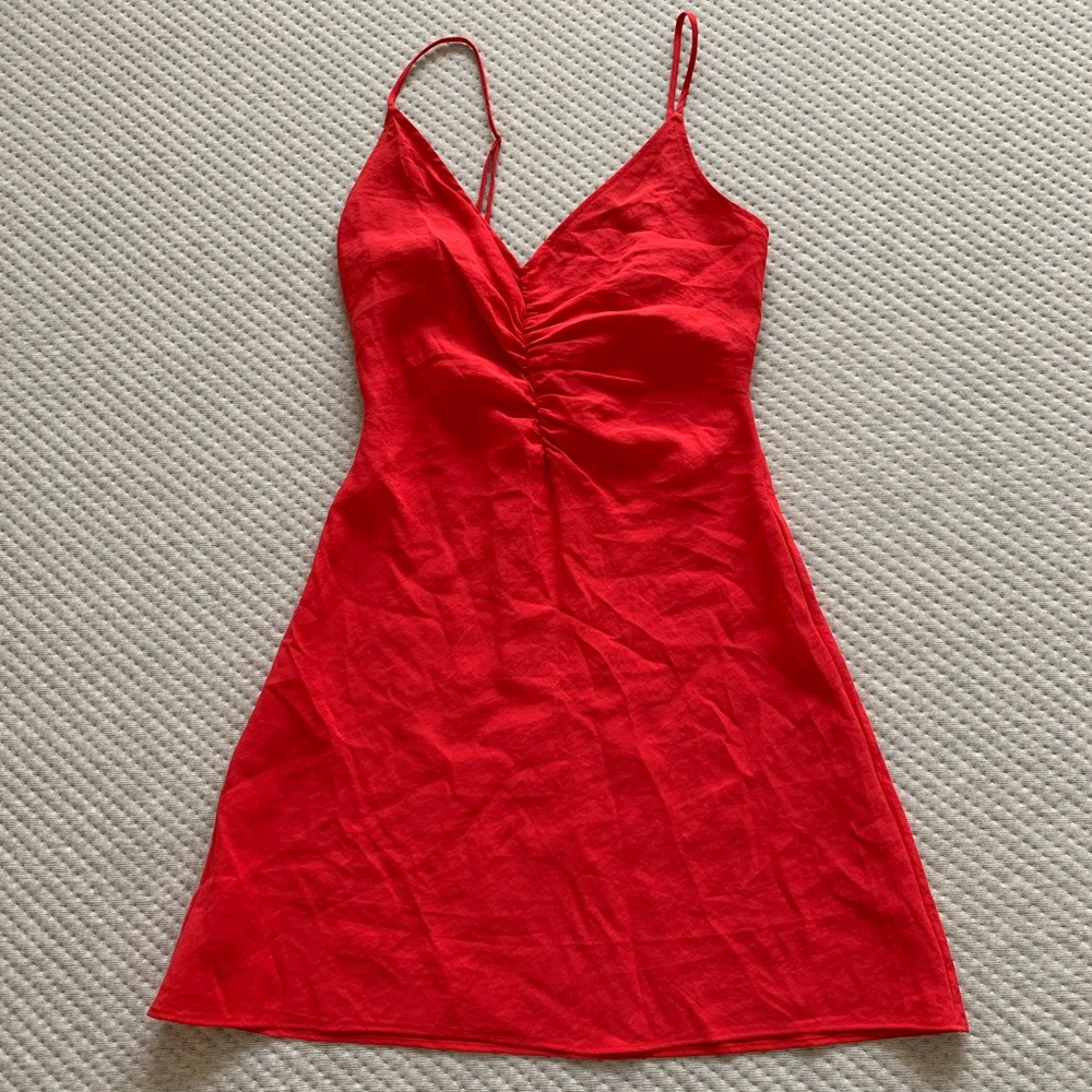 Zara Women’s XS Red Slip Ruched Mini Dress Spaghetti Strap